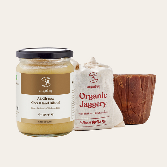 Winter Food Essentials Combo- A2 Gir Cow Ghee (Hand Bilona 500ml) and Jaggery Cube (1kg)